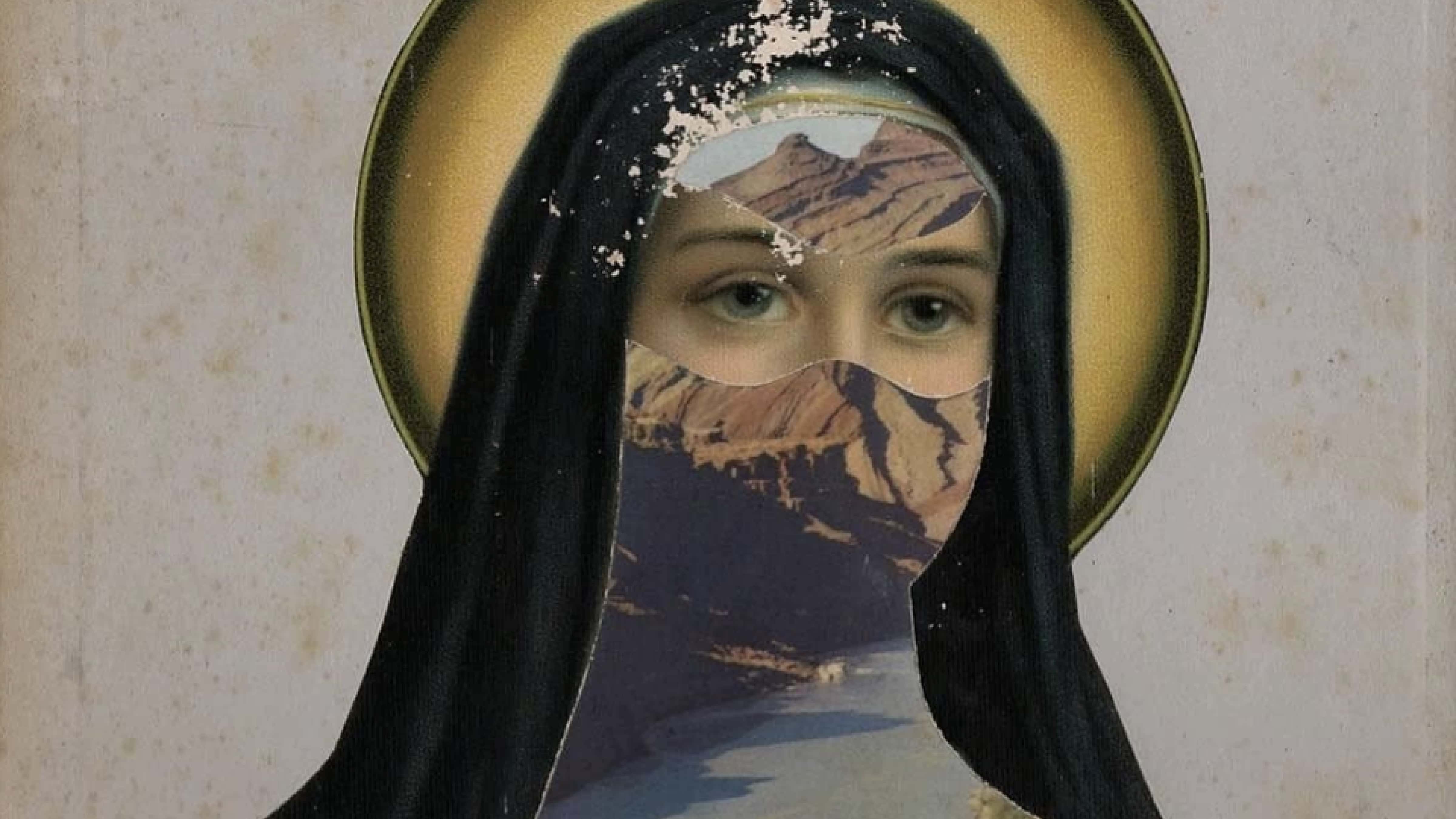 Modern collage in a renaissance style of a woman with a halo.