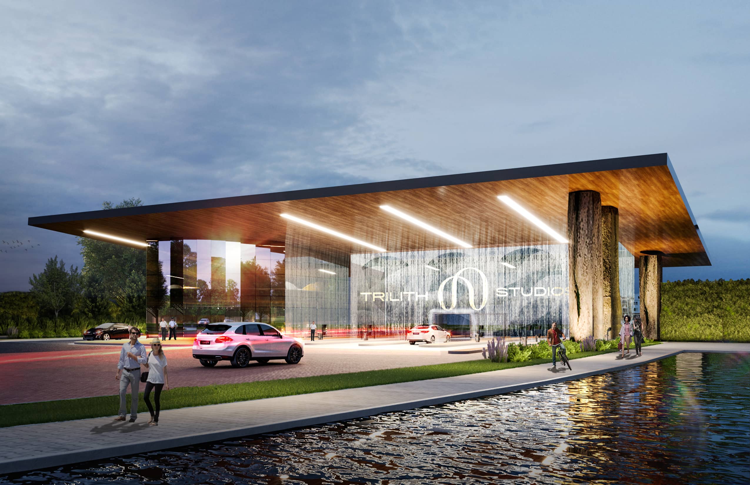 An architectural rendering of the entrance to Trilith Studios featuring the new logo.