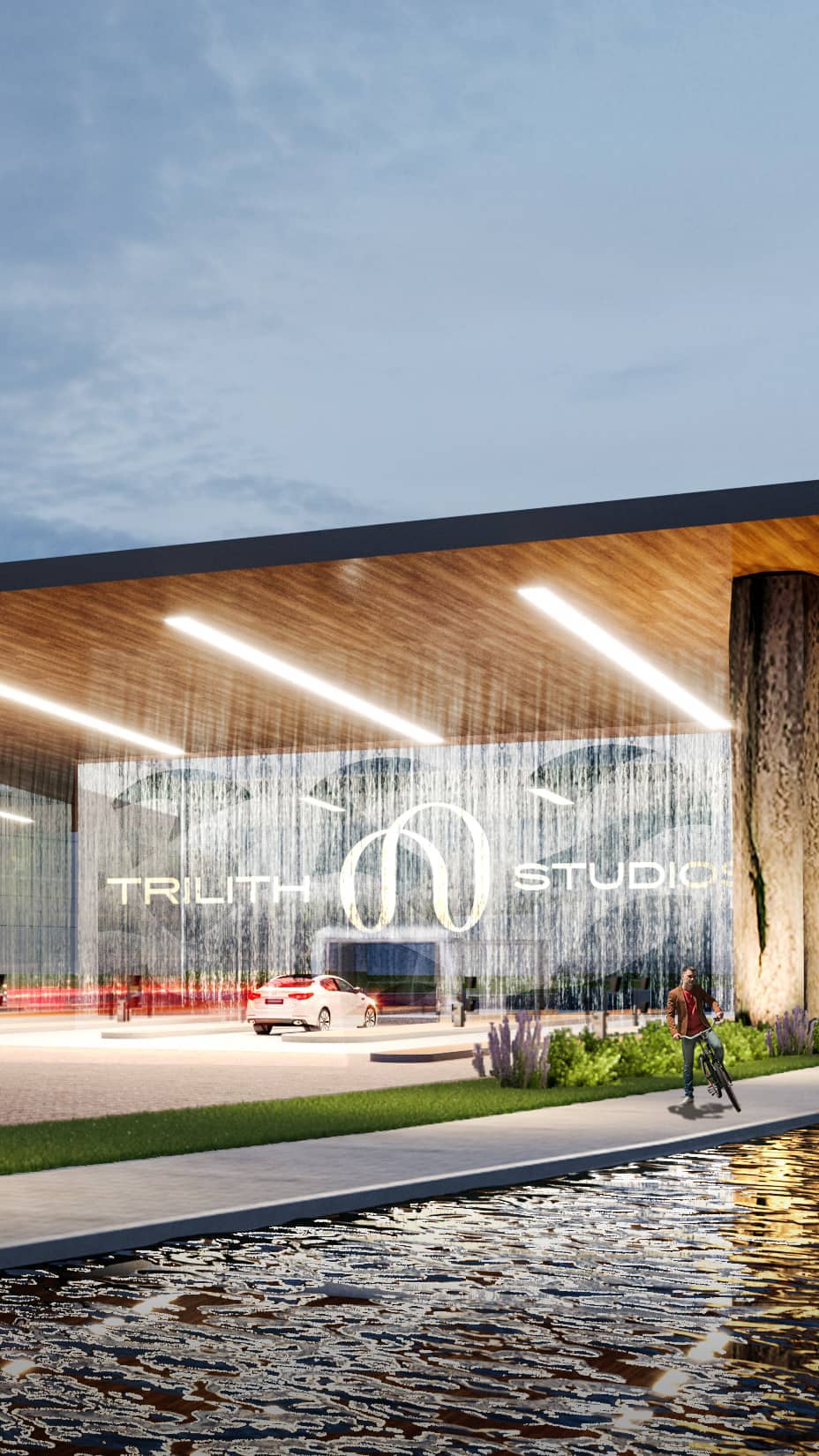 An architectural rendering of the entrance to Trilith Studios featuring the new logo.
