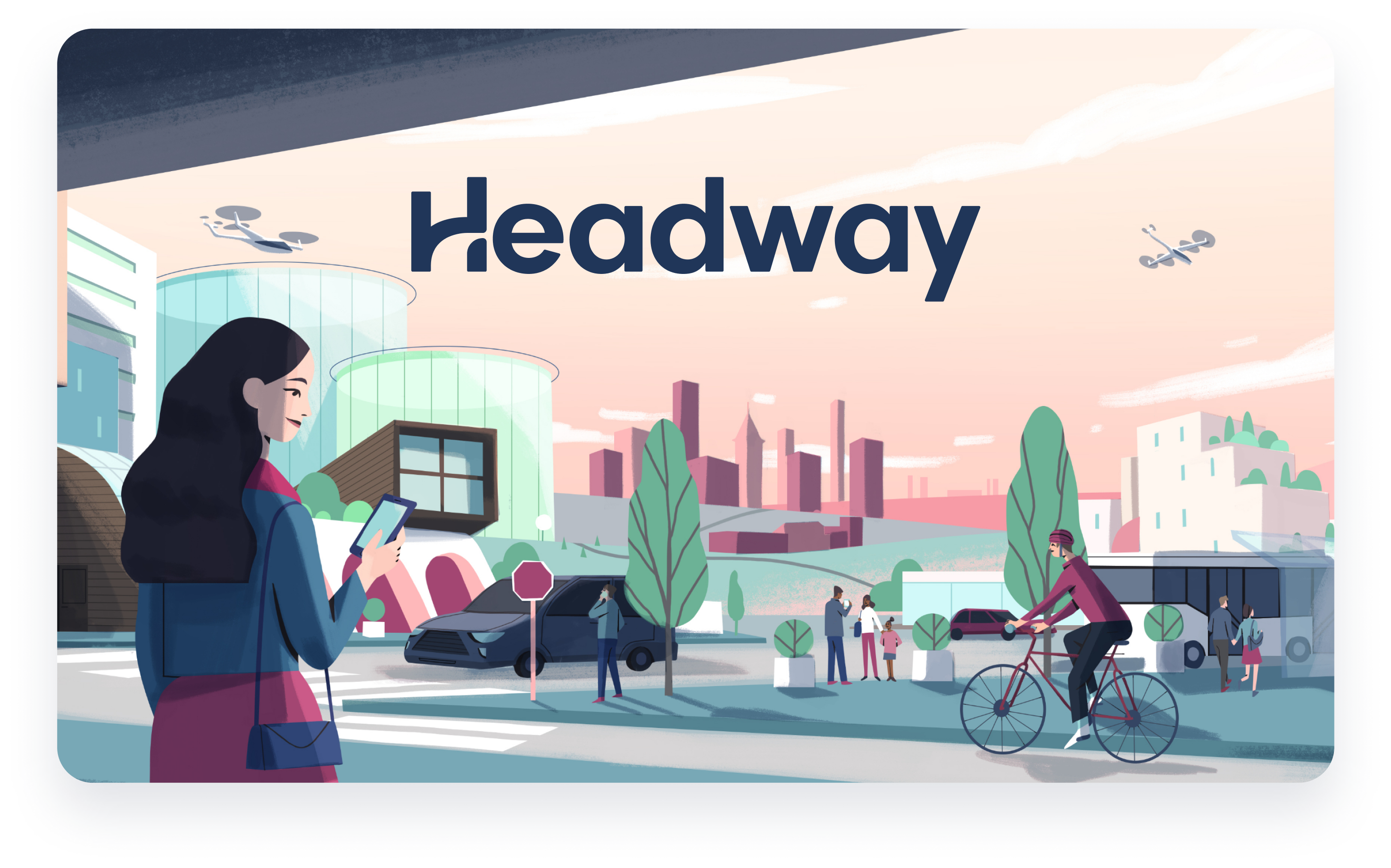 Headway logo over illustration of women in a future rendering.