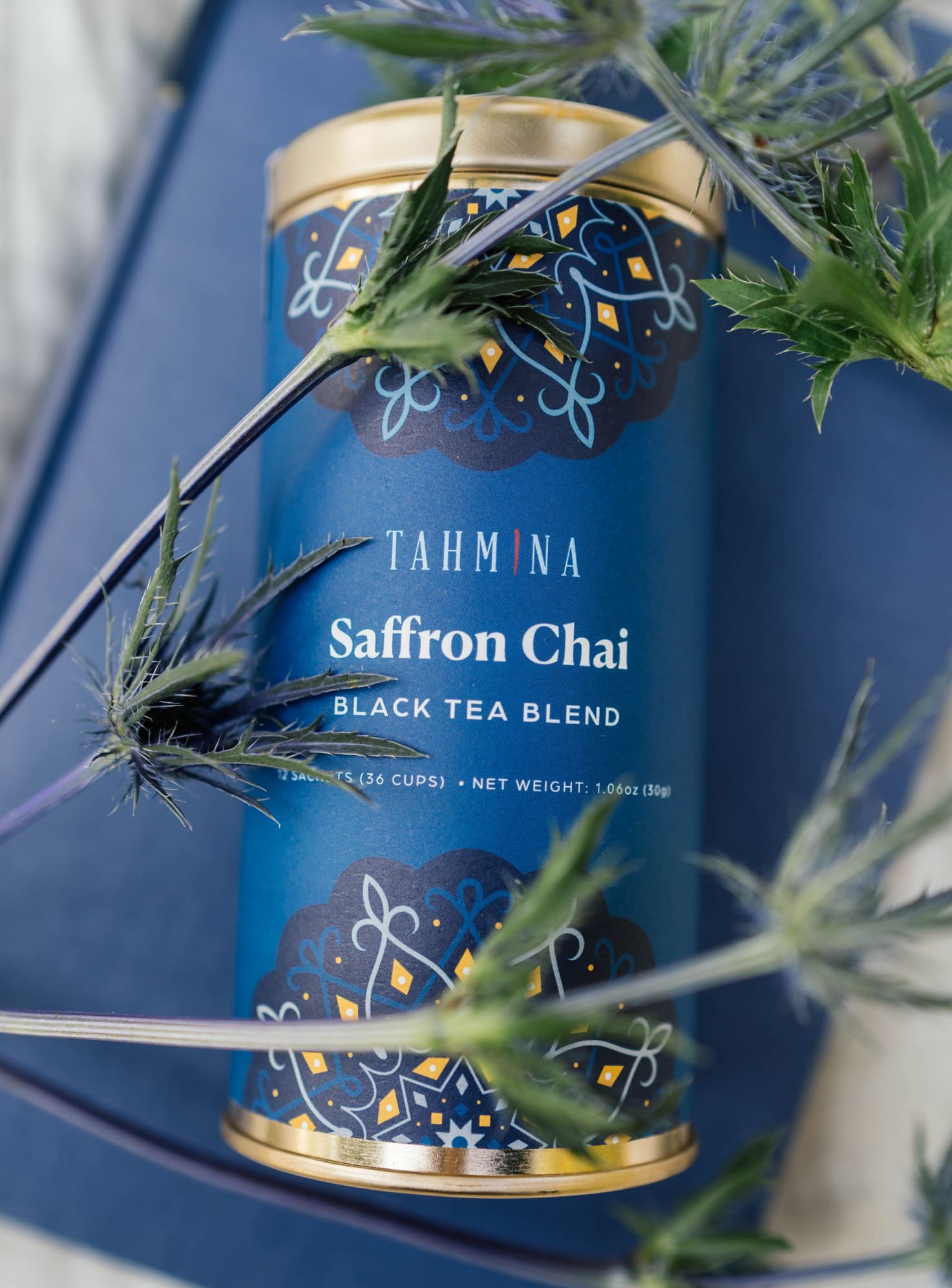 A product photo of a canister of Tahminah tea.