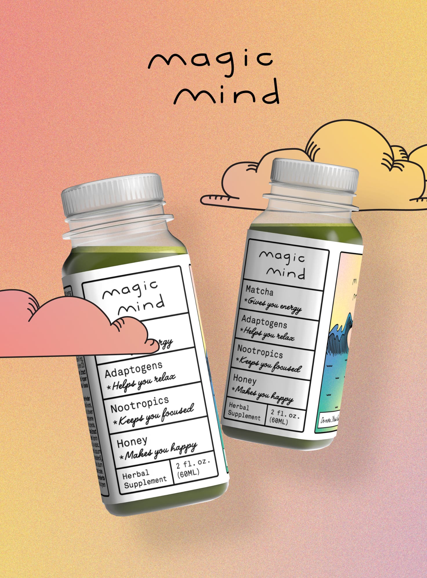 A Product shot of two magic mind bottles.