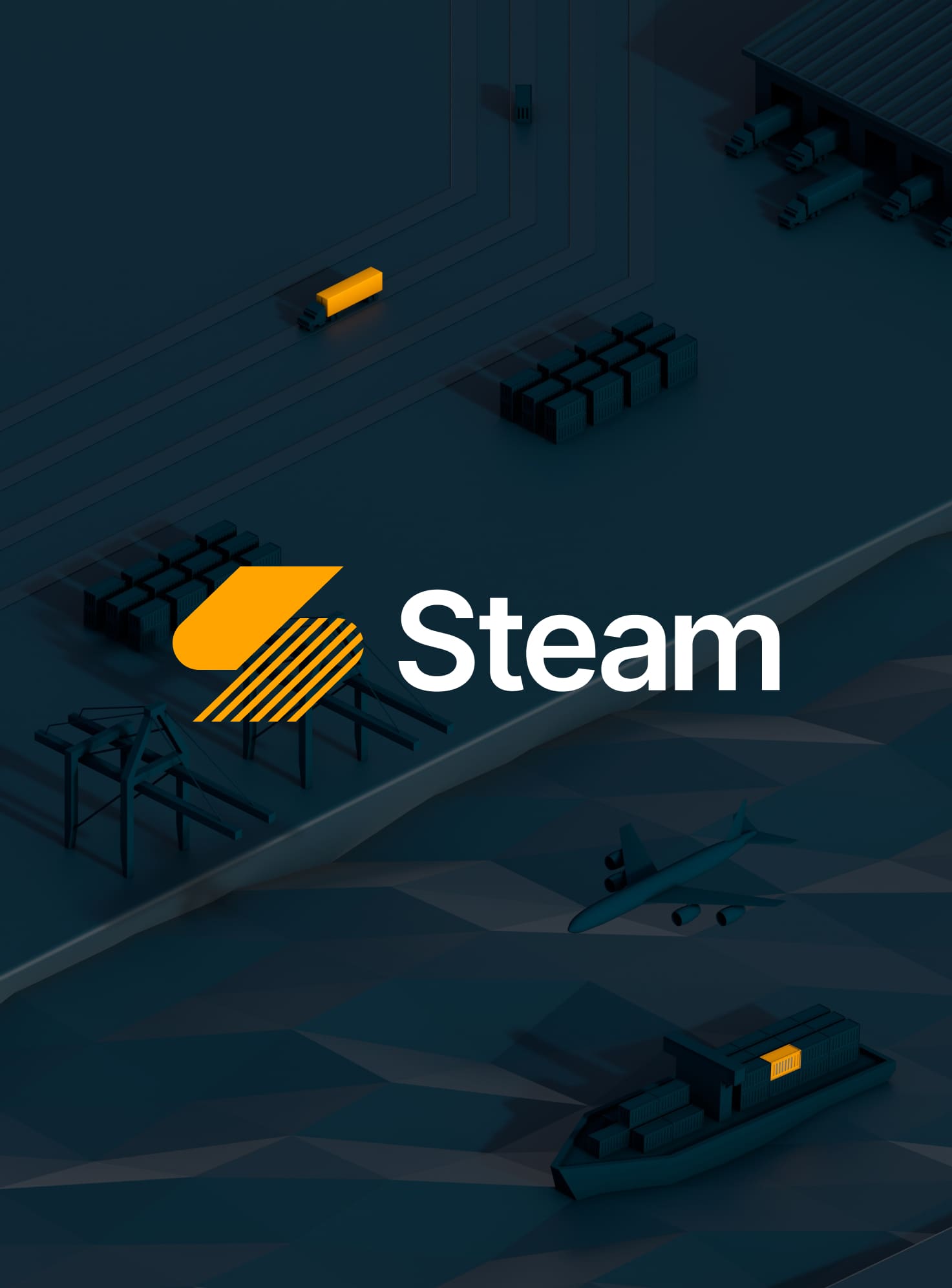 3d Rendering of a container ship, a cargo plane, semi trucks, and a container.