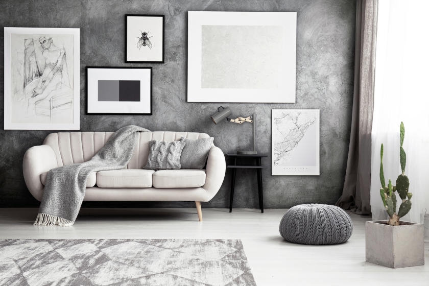 Elegant living room with textured silver wall