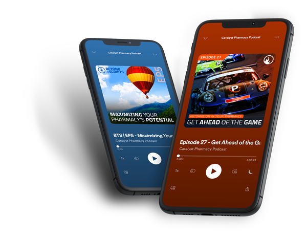 Image of two iPhones with podcast episodes on the screens