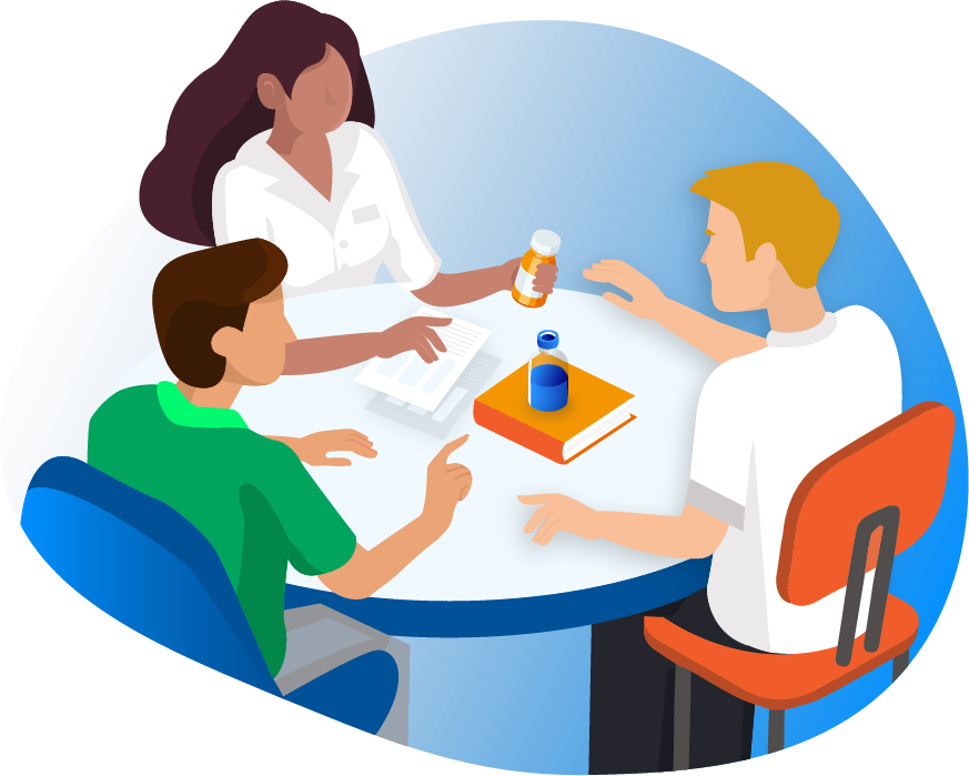 Illustration of pharmacist training employees on a table