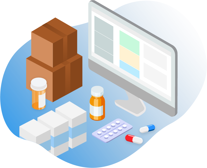 Illustration of boxes and pills on a counter top
