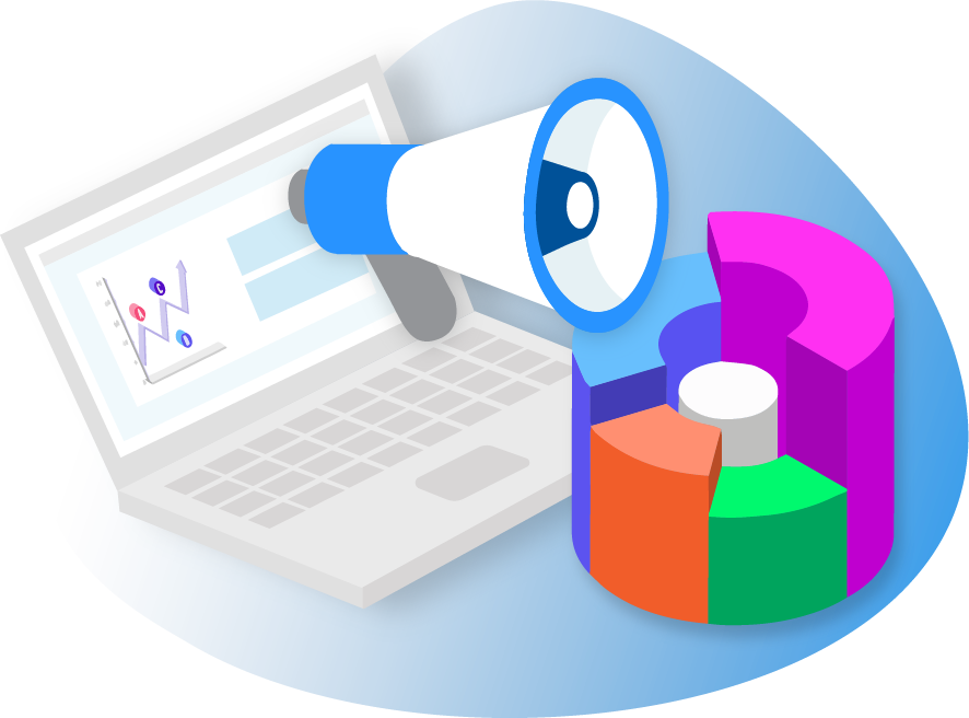 Illustration of computer and bullhorn with graphs