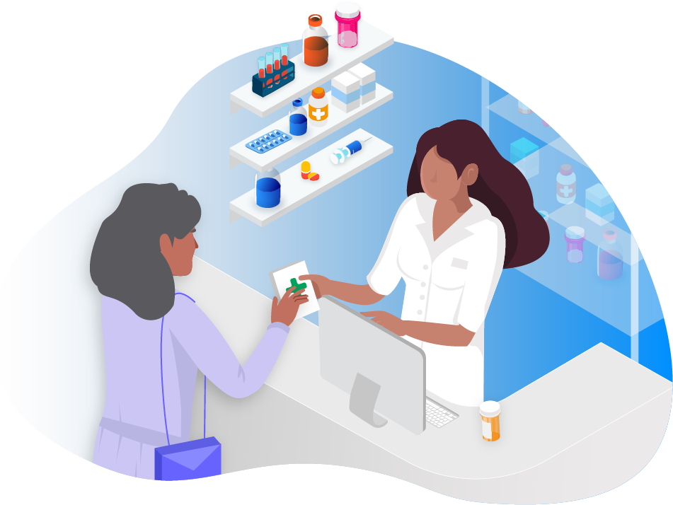 Illustration of female pharmacist taking care of a customer