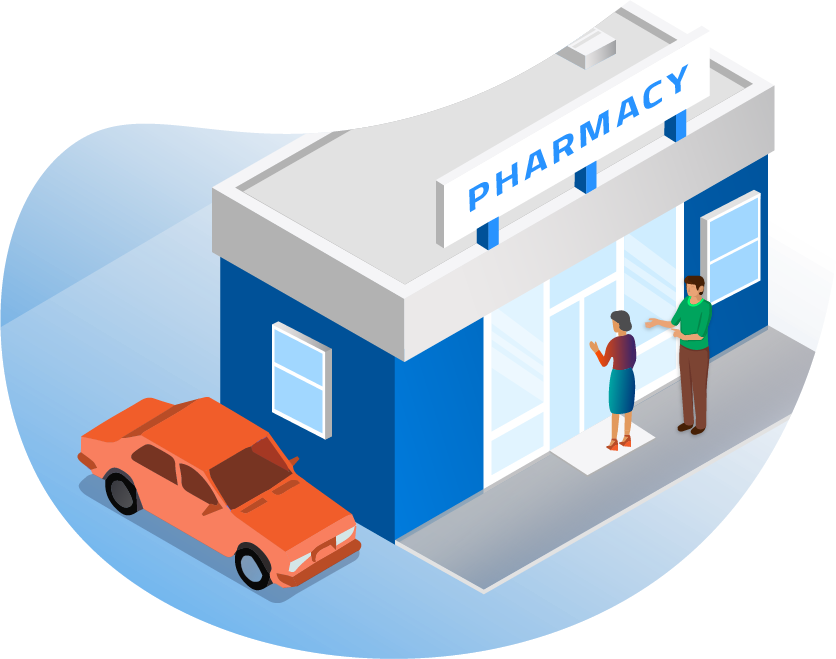 Illustration of pharmacist opening doors of his pharmacy