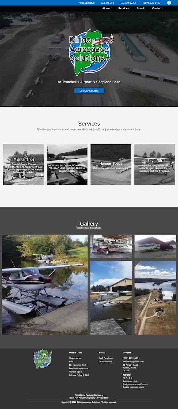 A full page screen shot of the Dirigo Aerospace Solutions website.