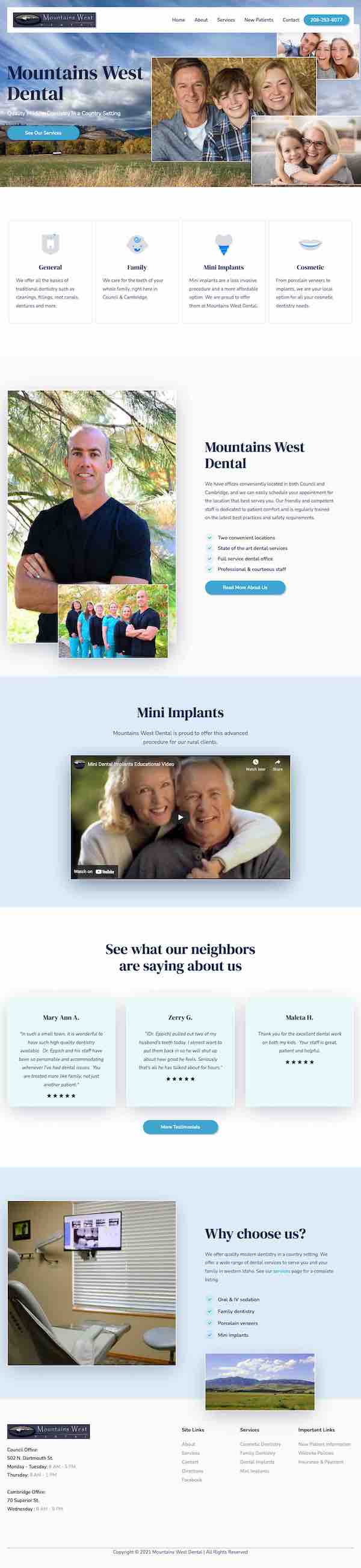 A full page screen shot of the Mountains West Dental website.