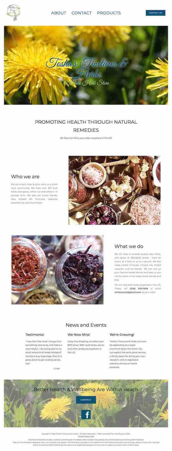 Full page screenshot of Tosha's Tinctures & Herbs website.