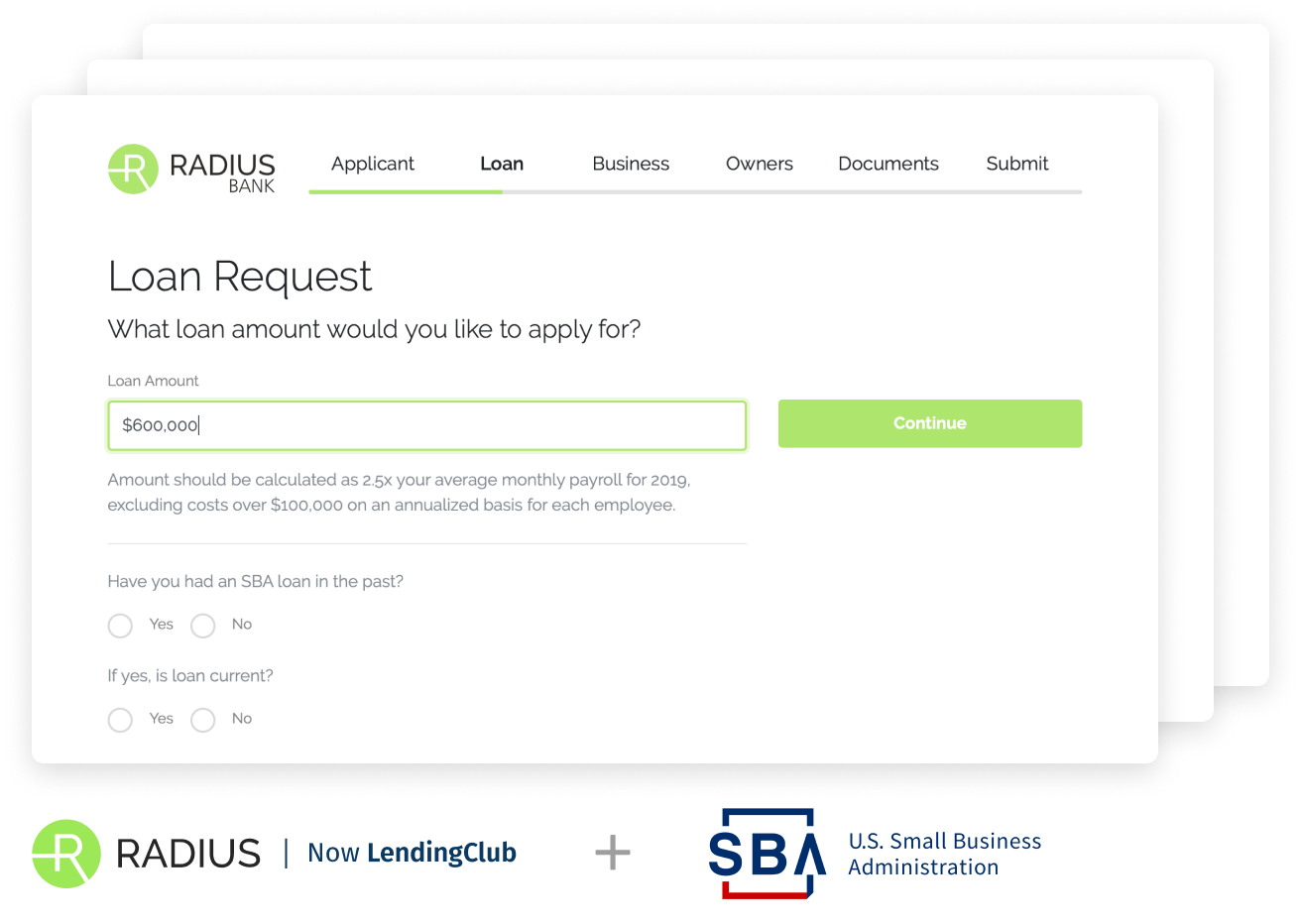 Radius Bank & Treasury Prime Small Business Administration Paycheck Protection Program loan application screen