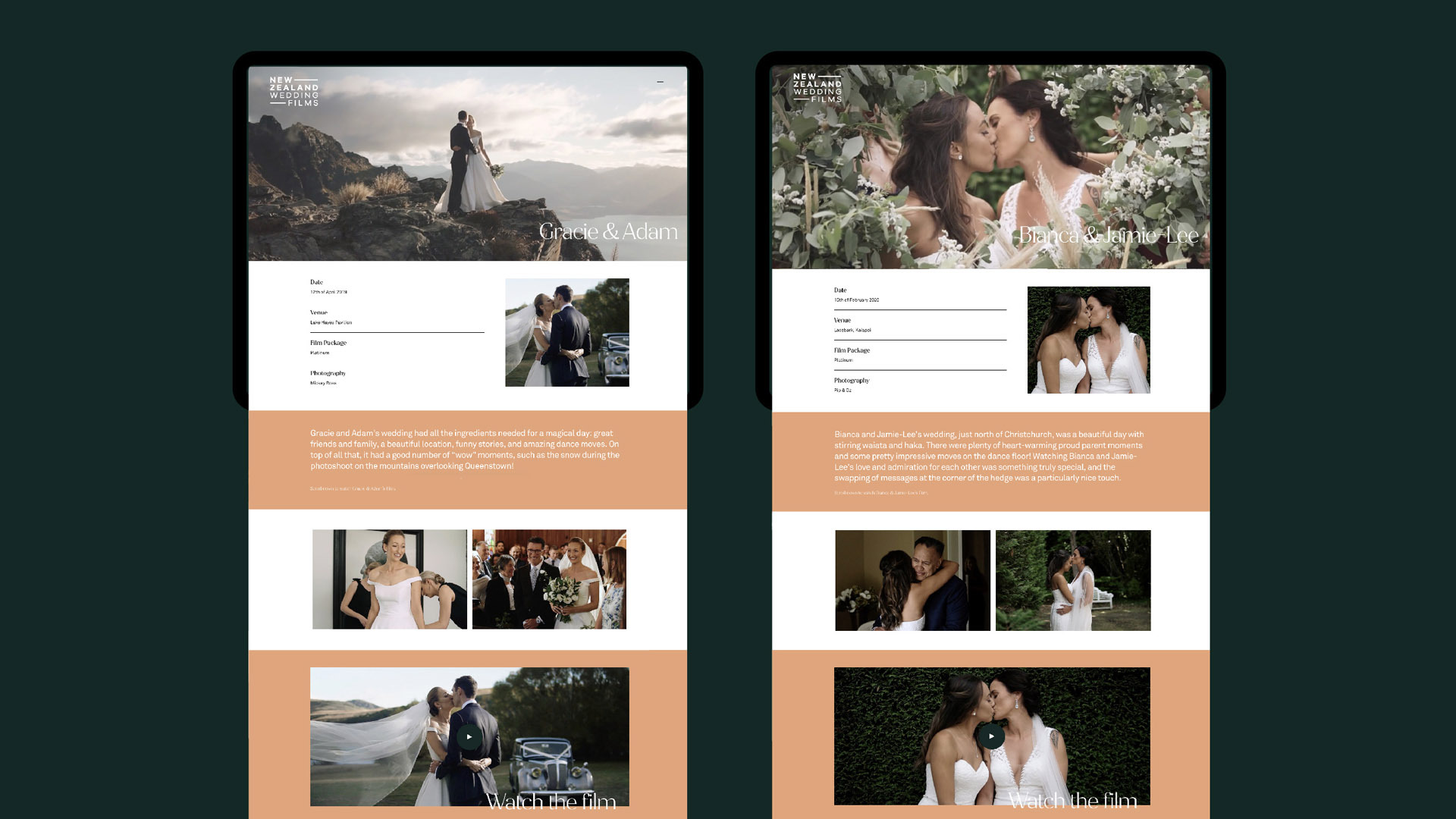 New Zealand Wedding Films Webflow website design on desktop