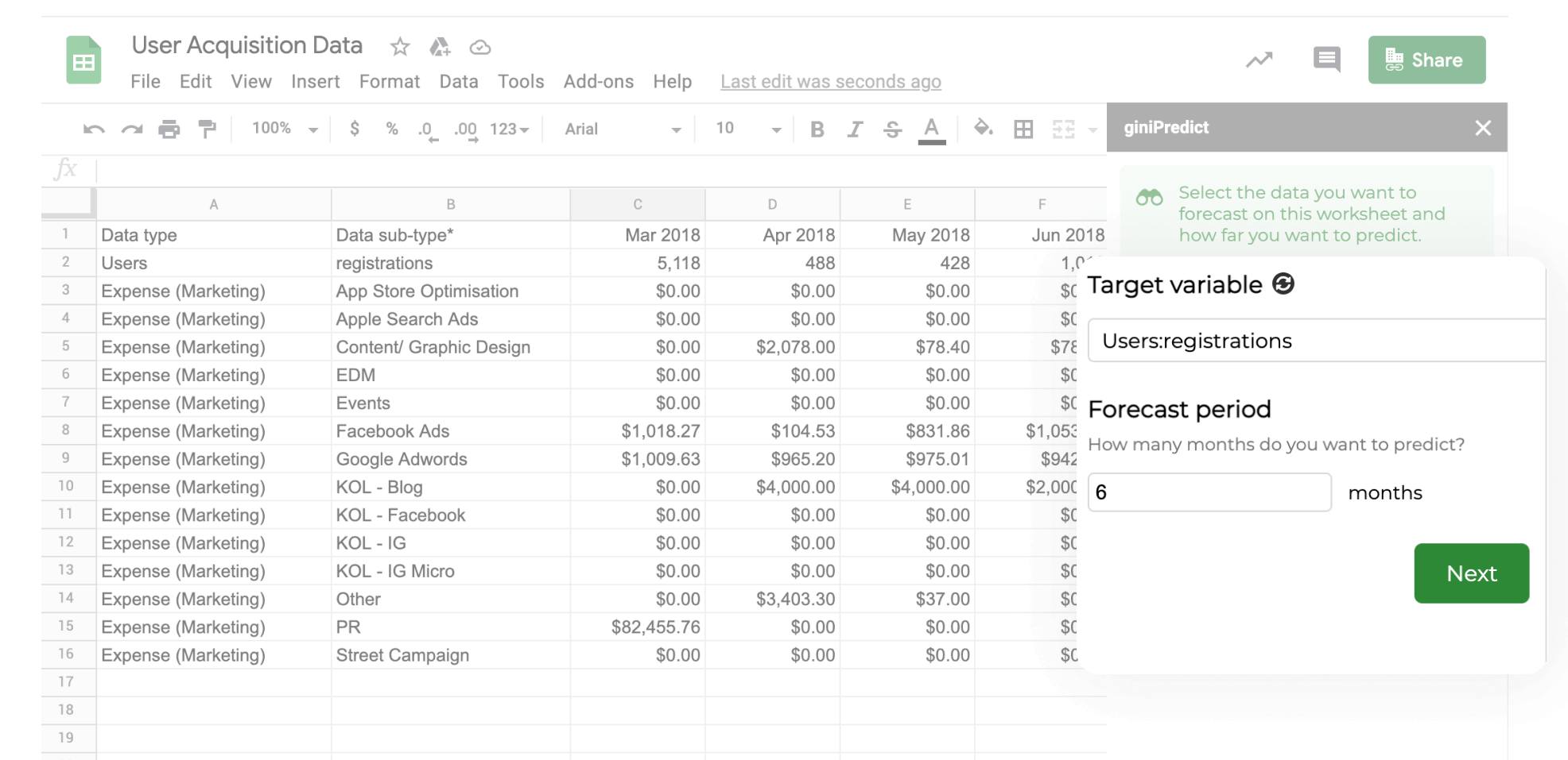giniPredict Google Sheet add-on | How to predict user acquisition with machine learning