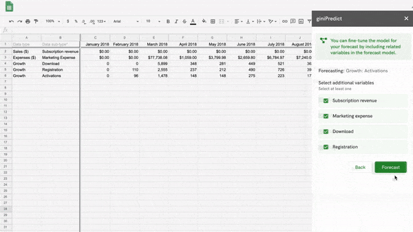 giniPredict Google Sheet add-on gif