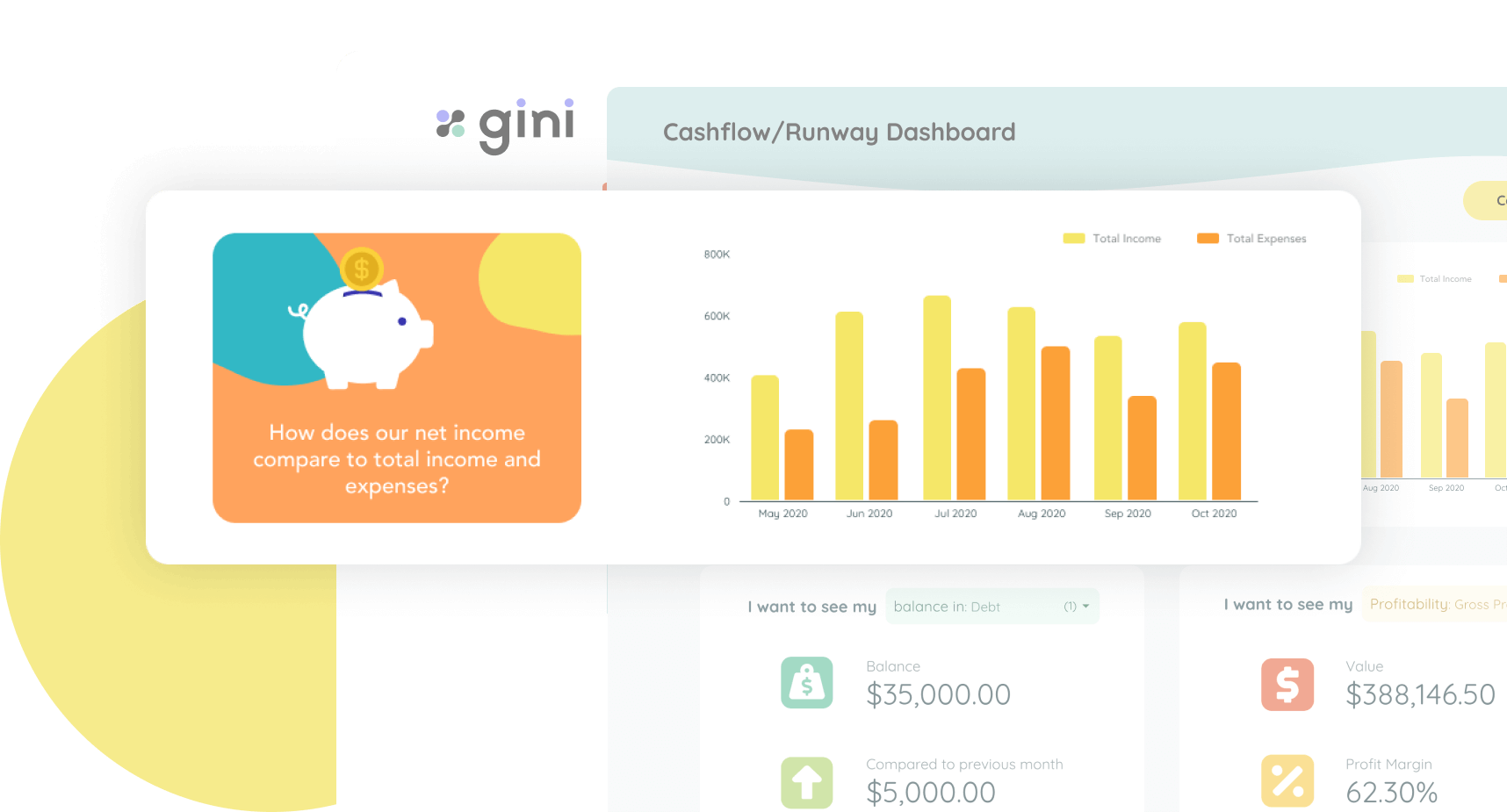 giniPredict cashflow dashboard net profit and income chart