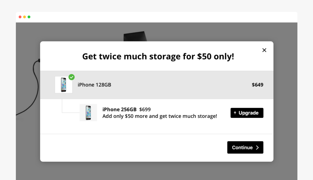 Relevant upsell (upgrade) offer on the pop-up