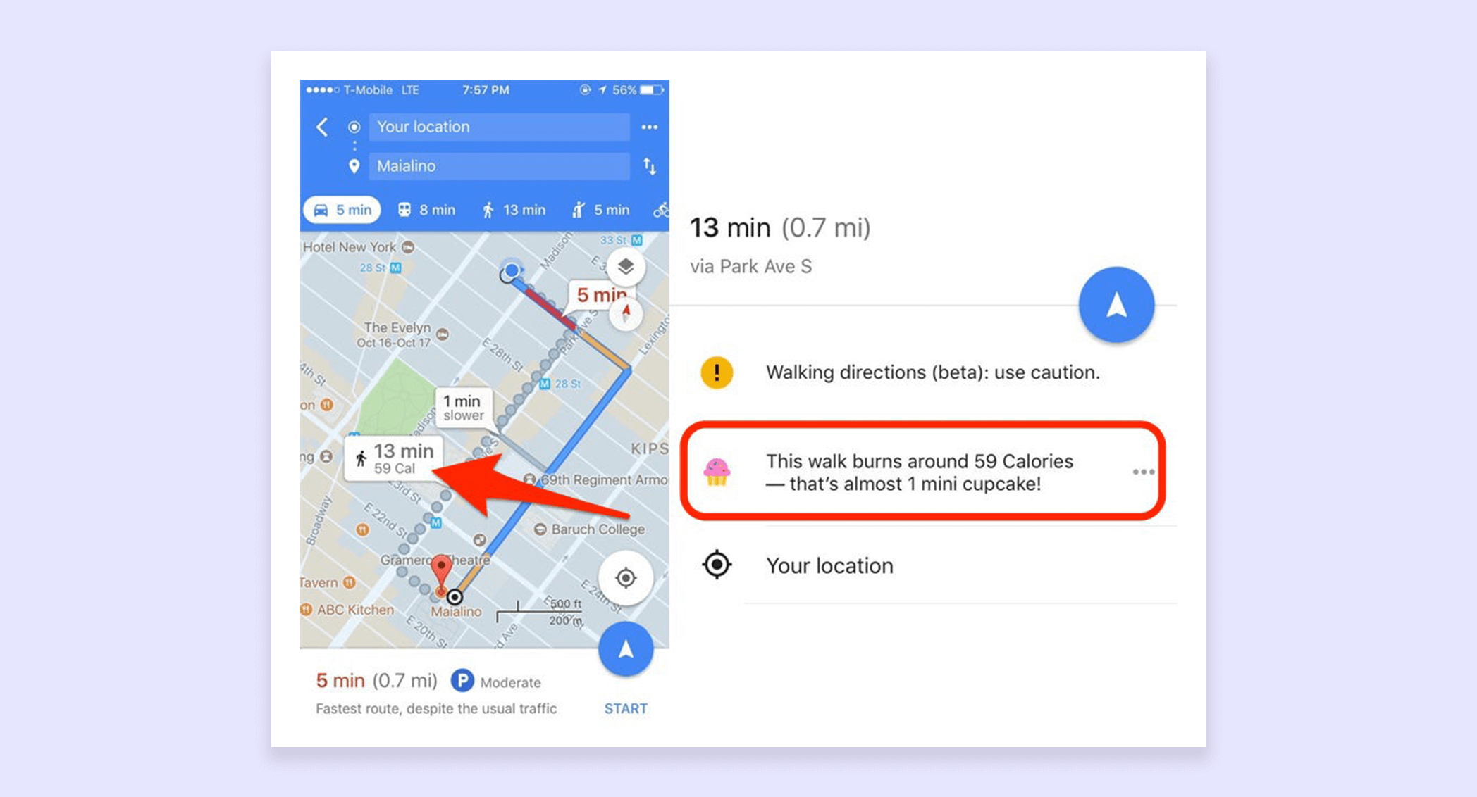 Google's calorie burning feature showing that you could burn 59 calories—almost one mini cupcake—if you walked the route instead.