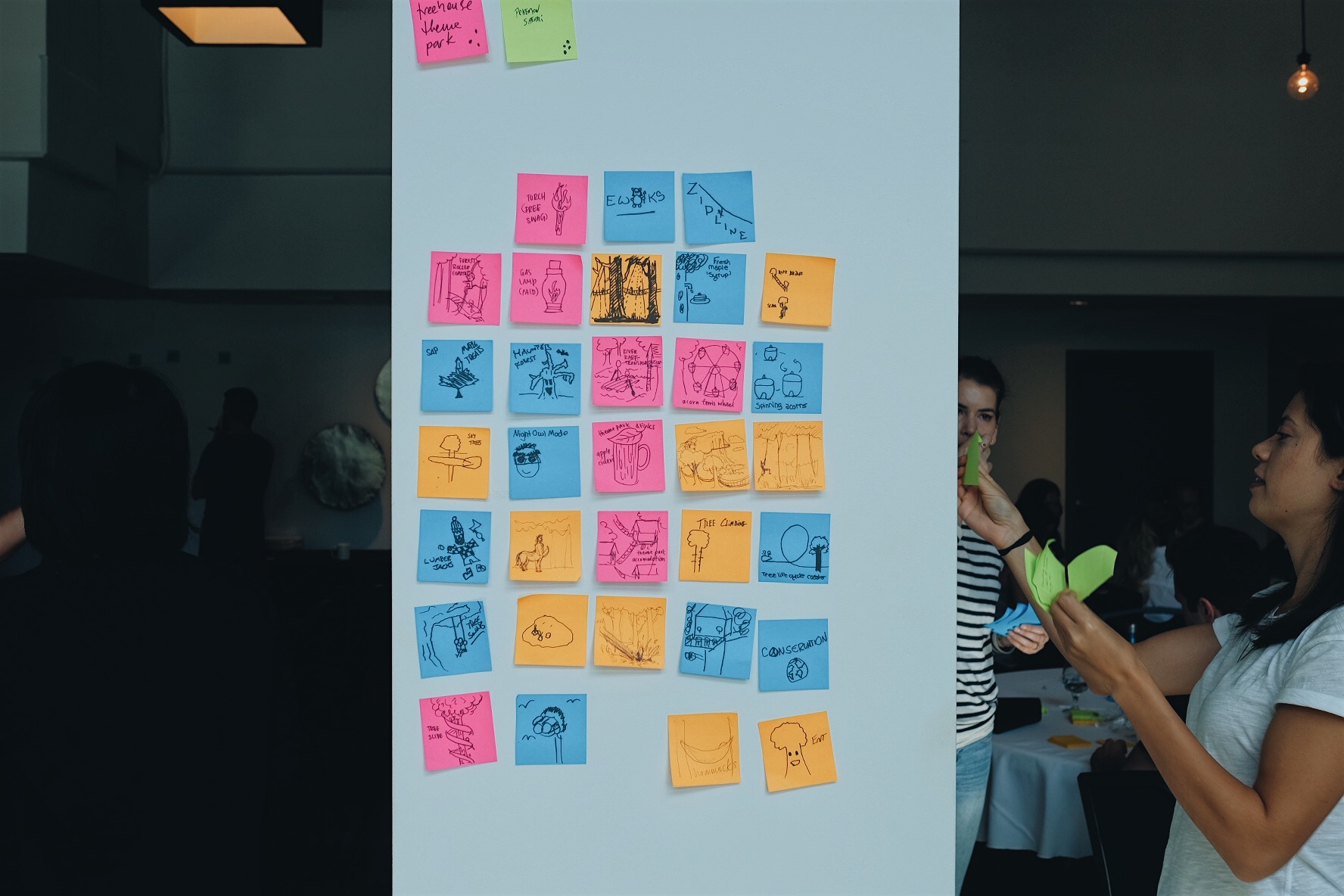 MetaLab's product designers using sticky notes to do experience mapping for a zipline park