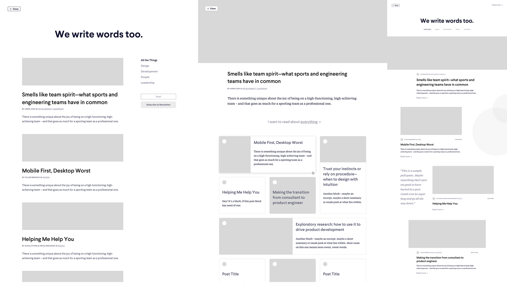 Wireframes from the early MetaLab blog design exploration