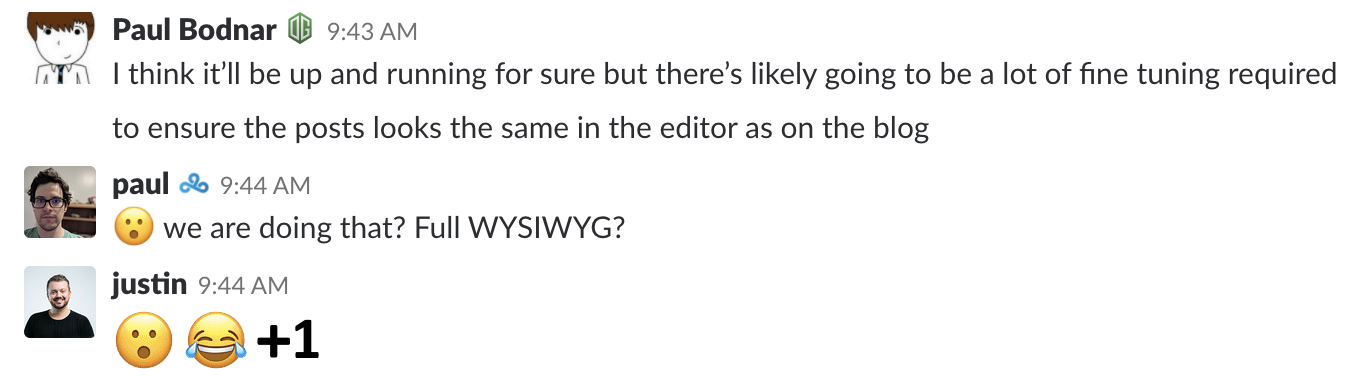A Slack message discussing the