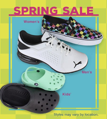 Women's Vans, men's Puma, and kids' Crocs brand shoes