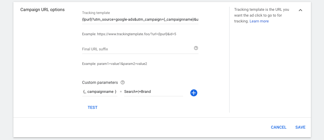 Campaign URL options setup in Google Ad