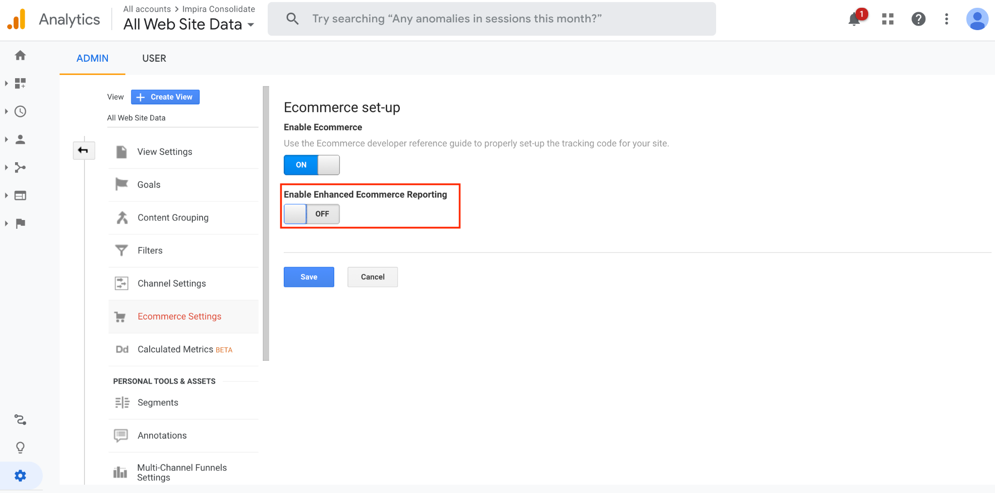 settings tab with ecommerce tracking on