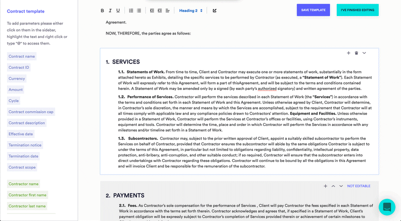 add new sections to contract template