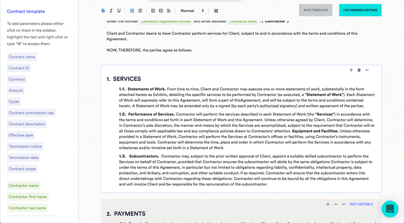 edit text of the contract tempalte