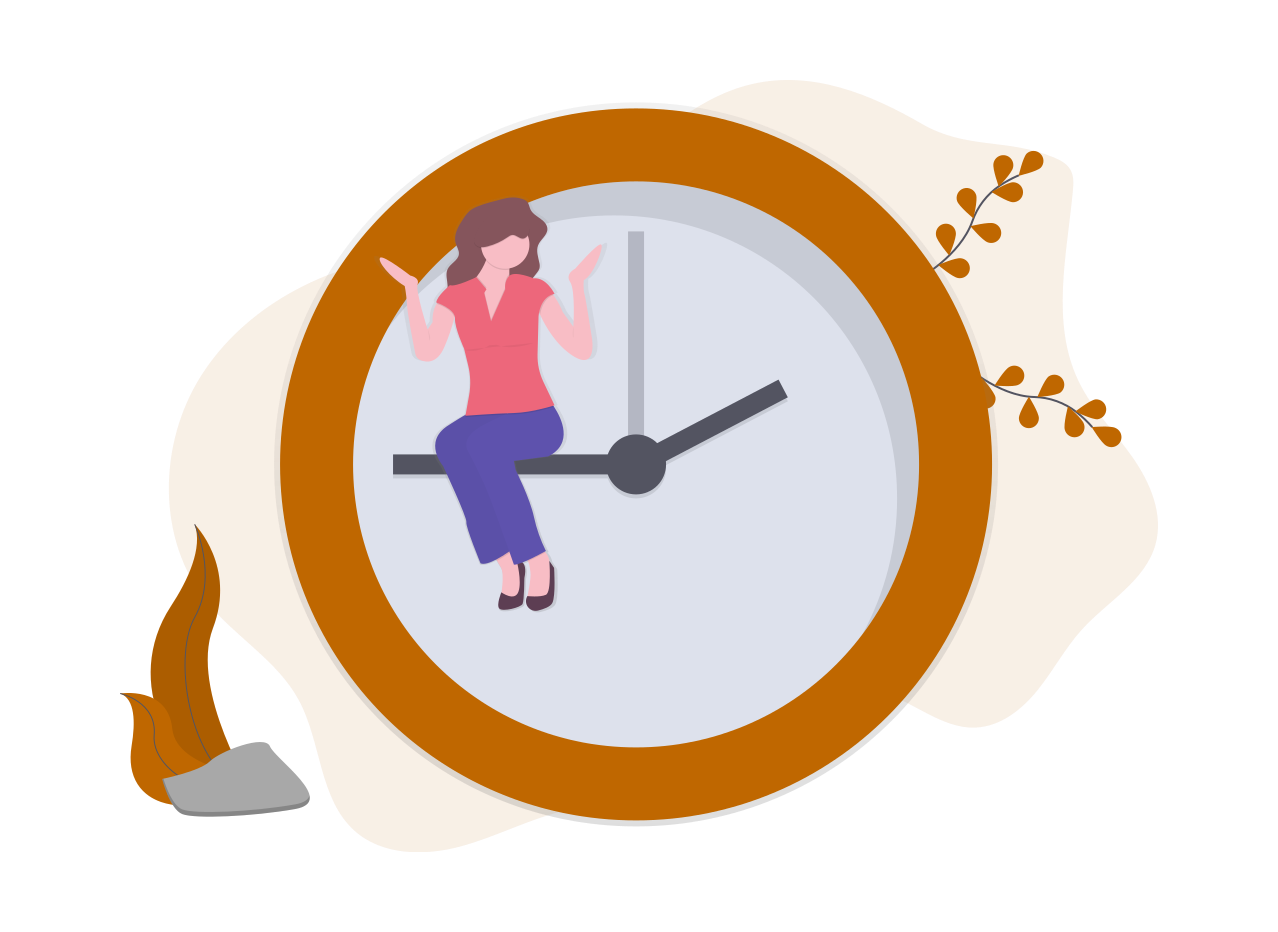 Frau sitzt auf Uhr, die Viertel Vor schlägt.