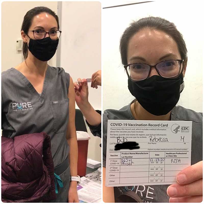 Dr Rebecca Bub getting her COVID-19 vaccine