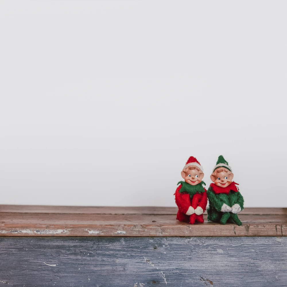Two Christmas elf toys looking cheeky