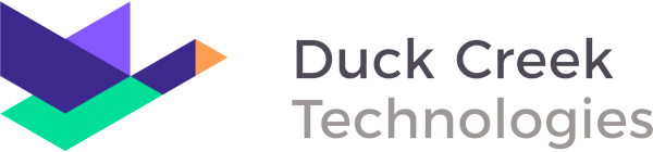Logo of duck Creek: a green and purple goose flying
