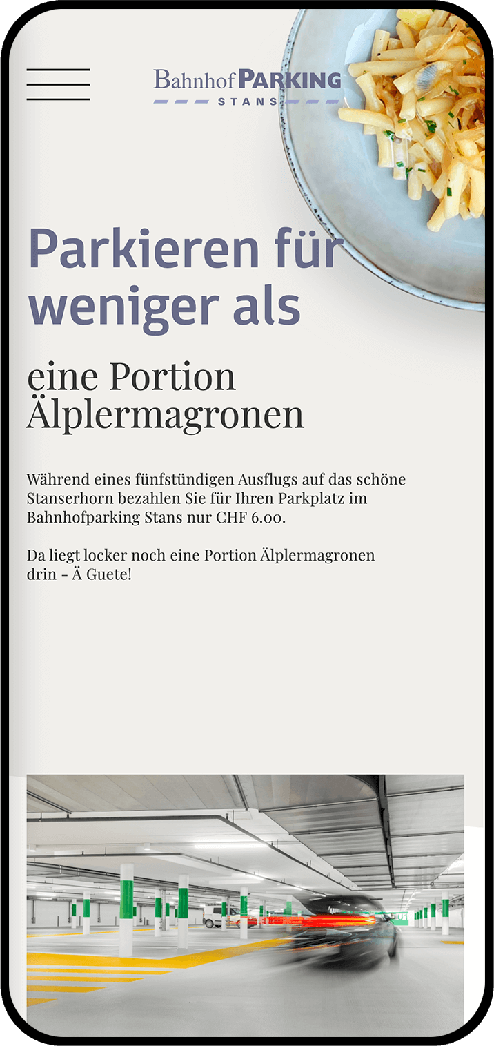 Screenshot der Website www.bahnhofparkingstans.ch
