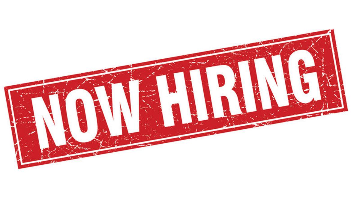now hiring in white block letters on a red rectangle