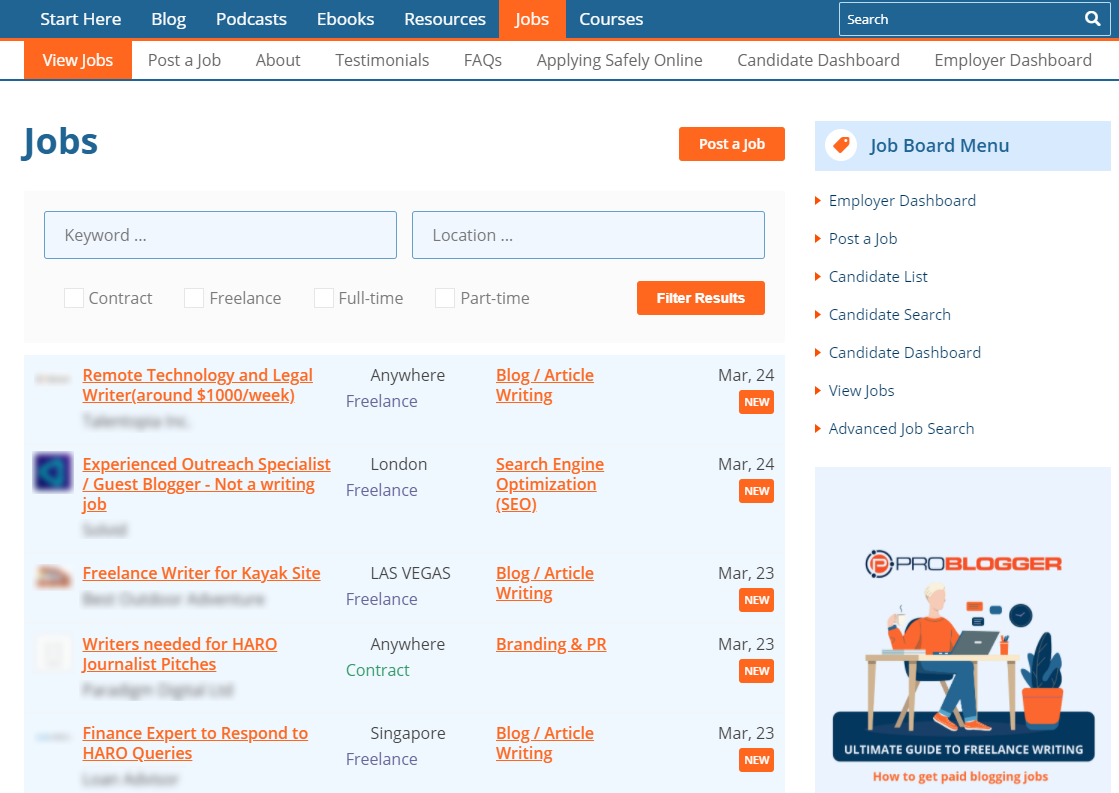 ProBlogger job listings to hire writers
