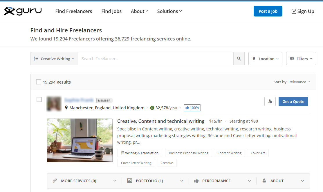 Searching for freelance writers with Guru