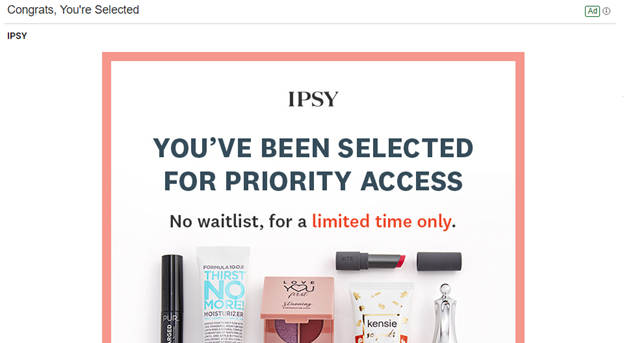 Ipsy - example of abandoned cart ad copy