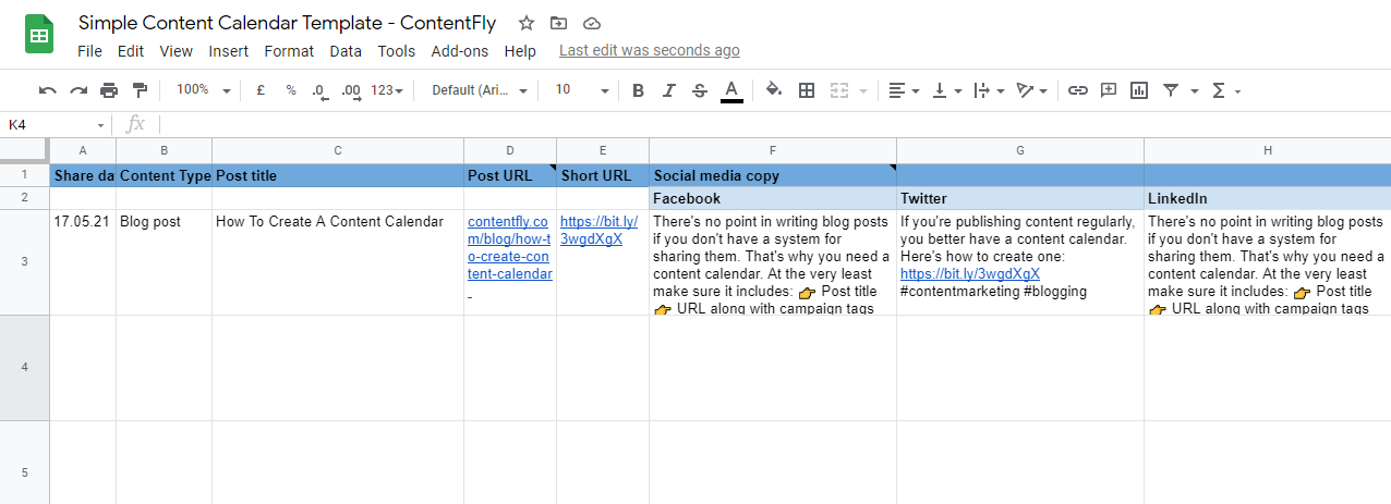 Google sheets content calendar example & free template