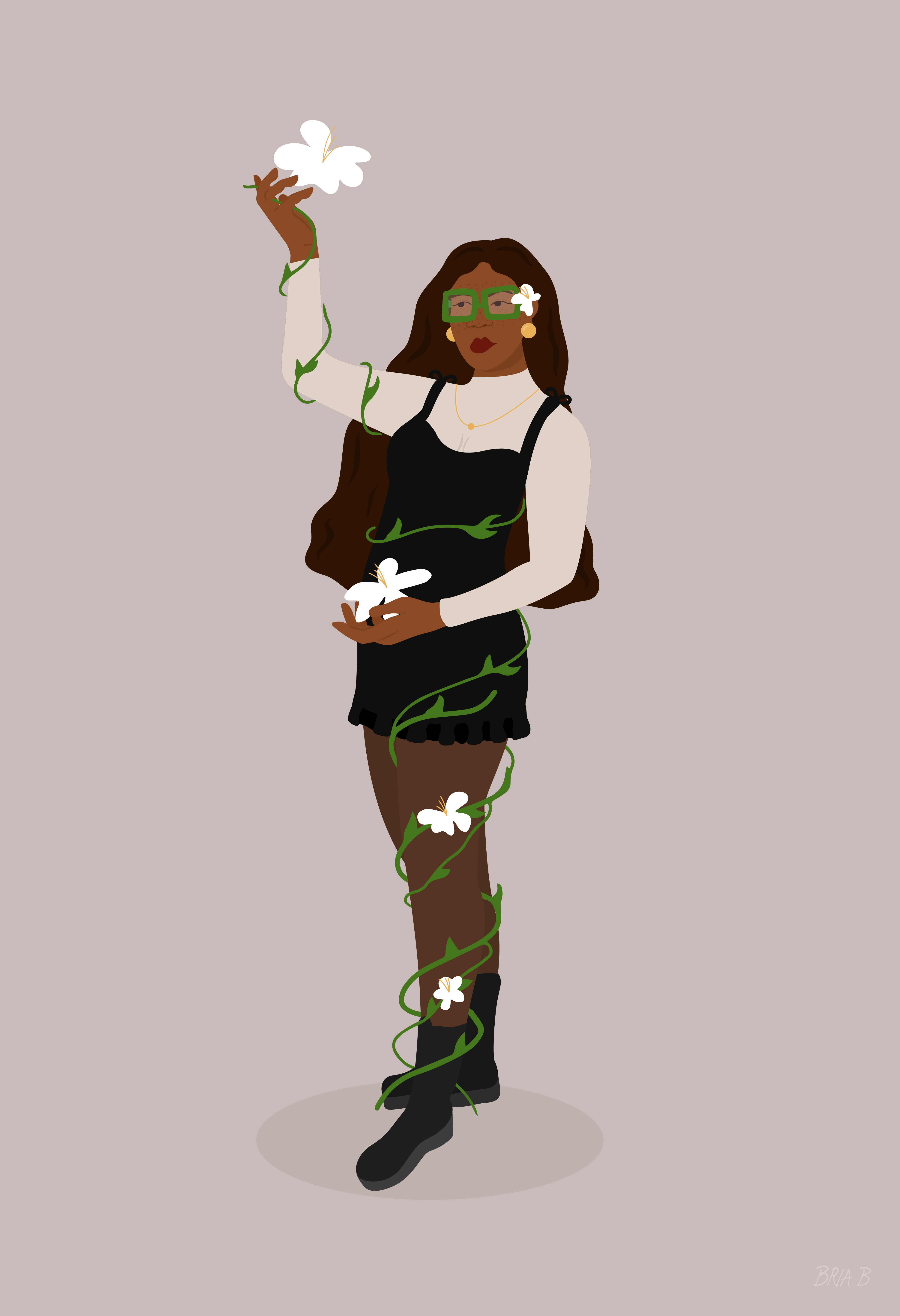 A woman poses on a beige background, with green vines and white lilies snaking up her body.