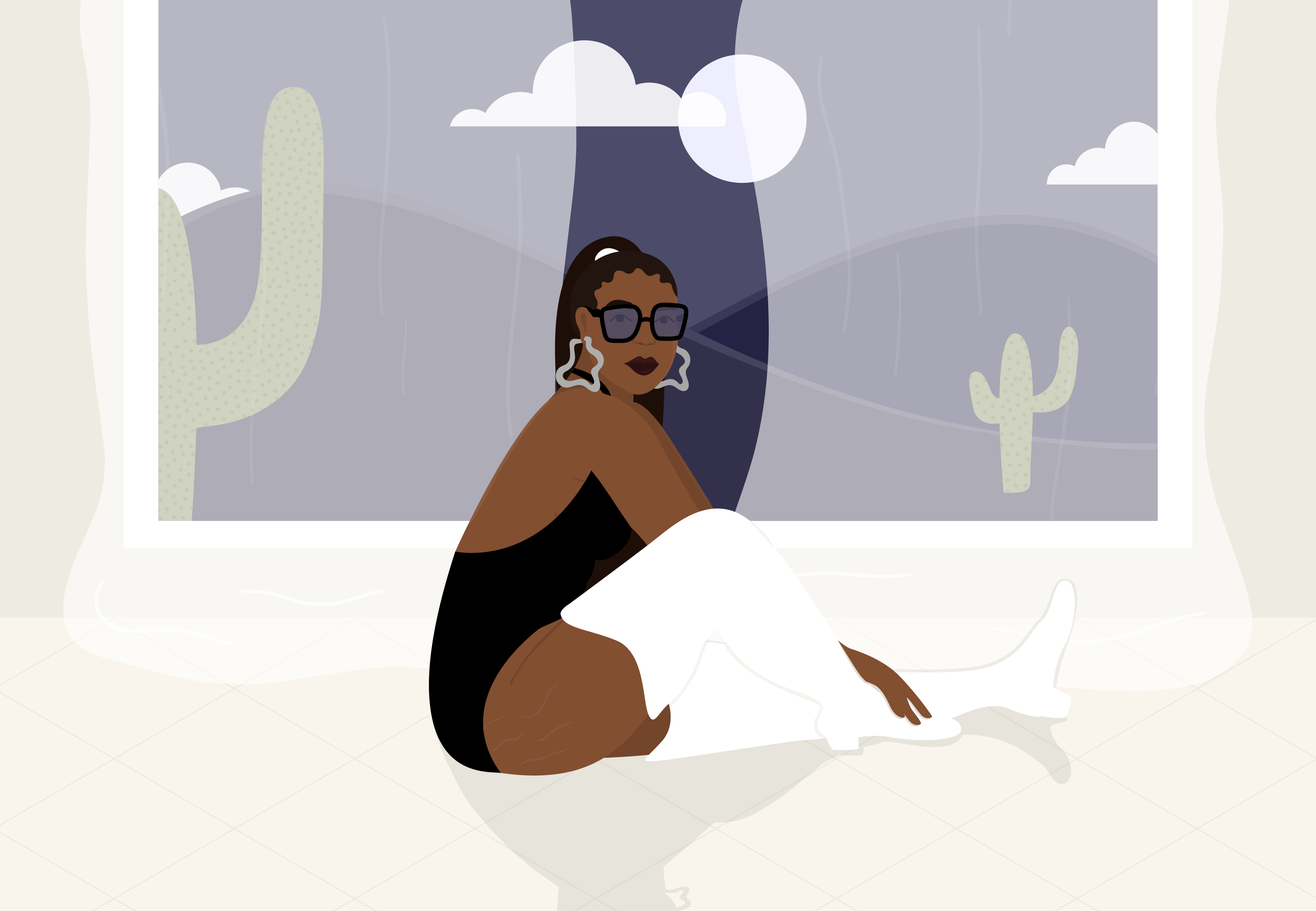 A woman in a black halter bodysuit and white thigh-highs in front of a window to purple mountains and a full moon.