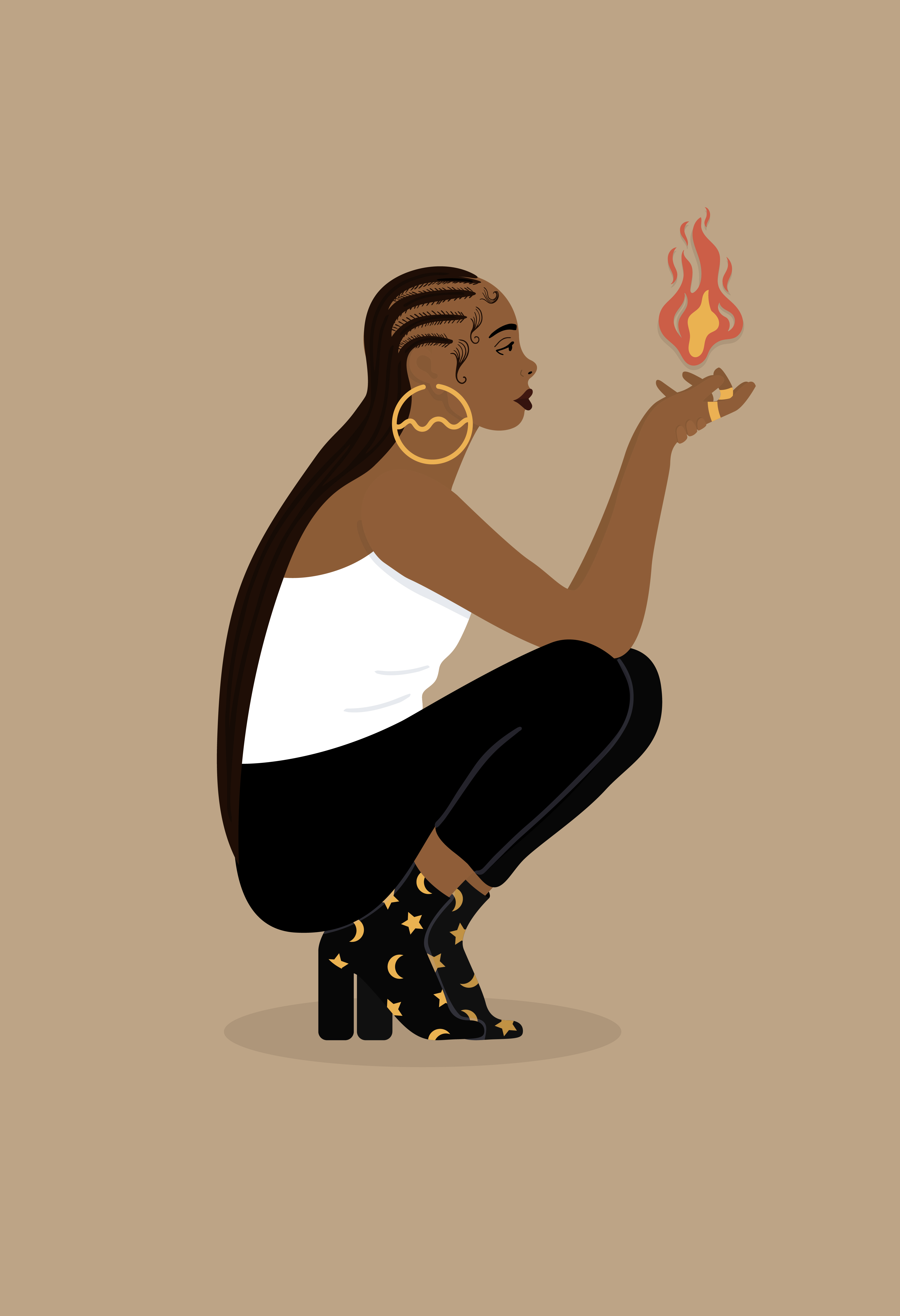 A woman crouches on the ground facing the right, holding fire in her hands on a brown background.