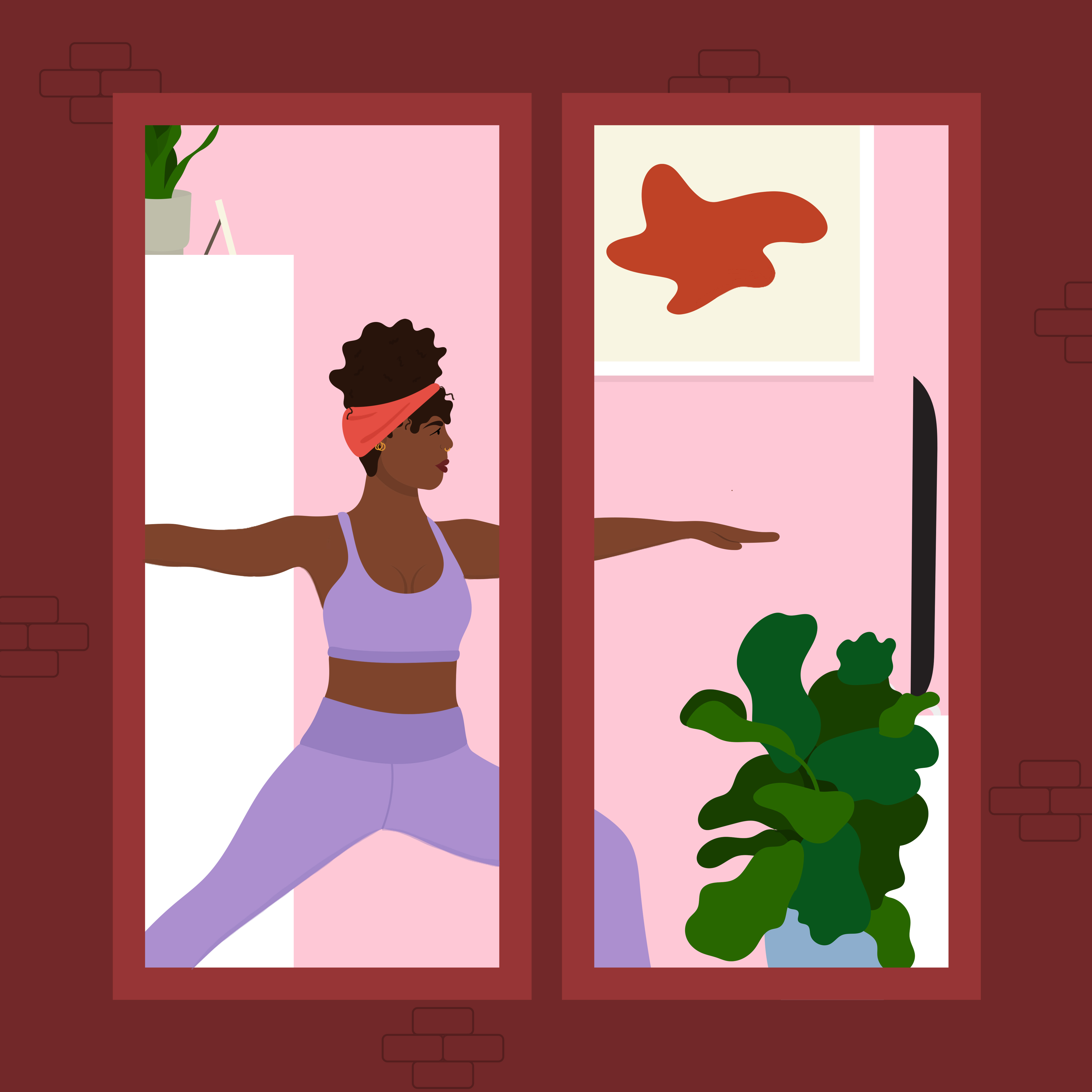 A view of a woman doing yoga through the windows of a red building.