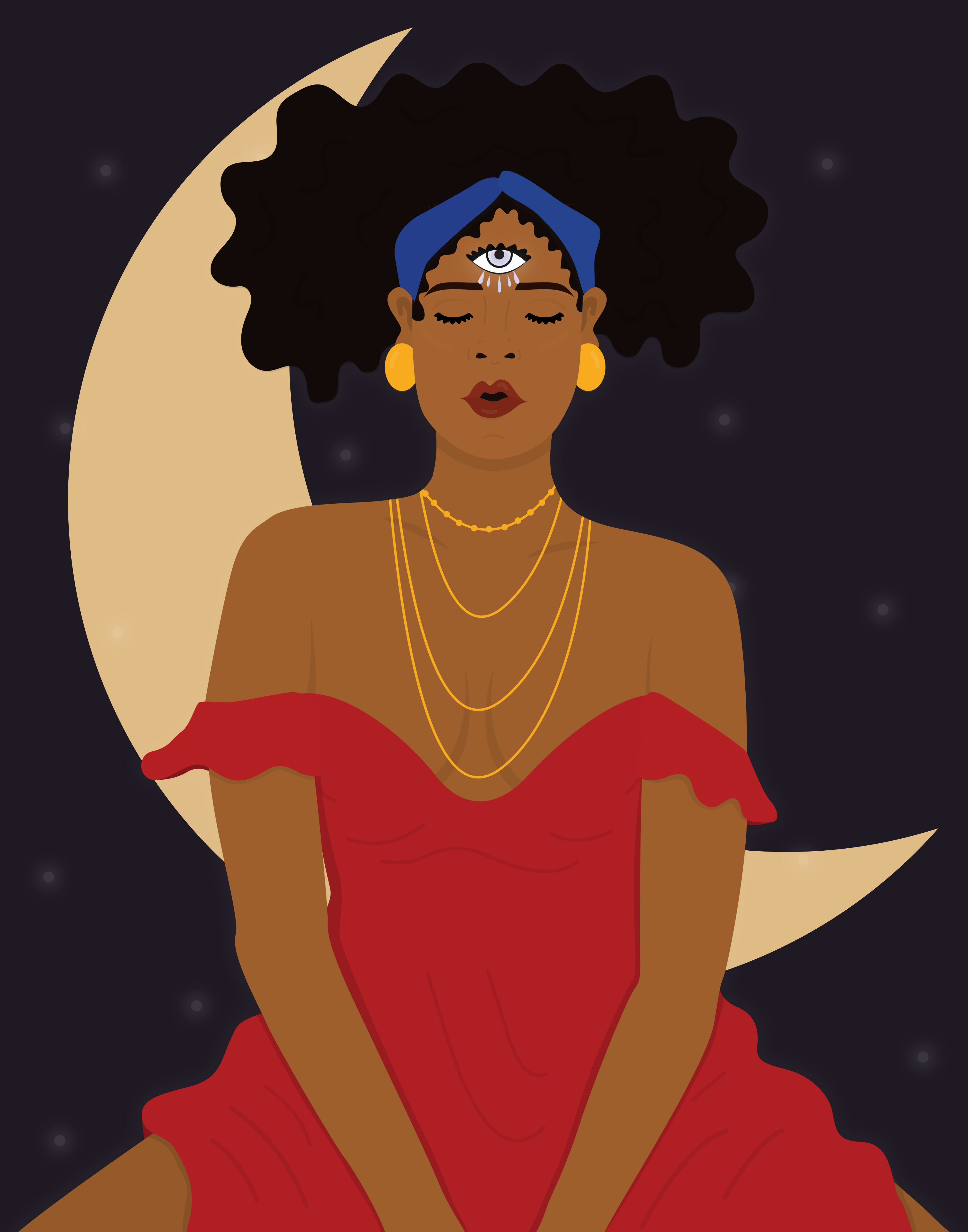 A woman in a red dress with her eyes closed and her third eye open sits in front of a yellow crescent moon.