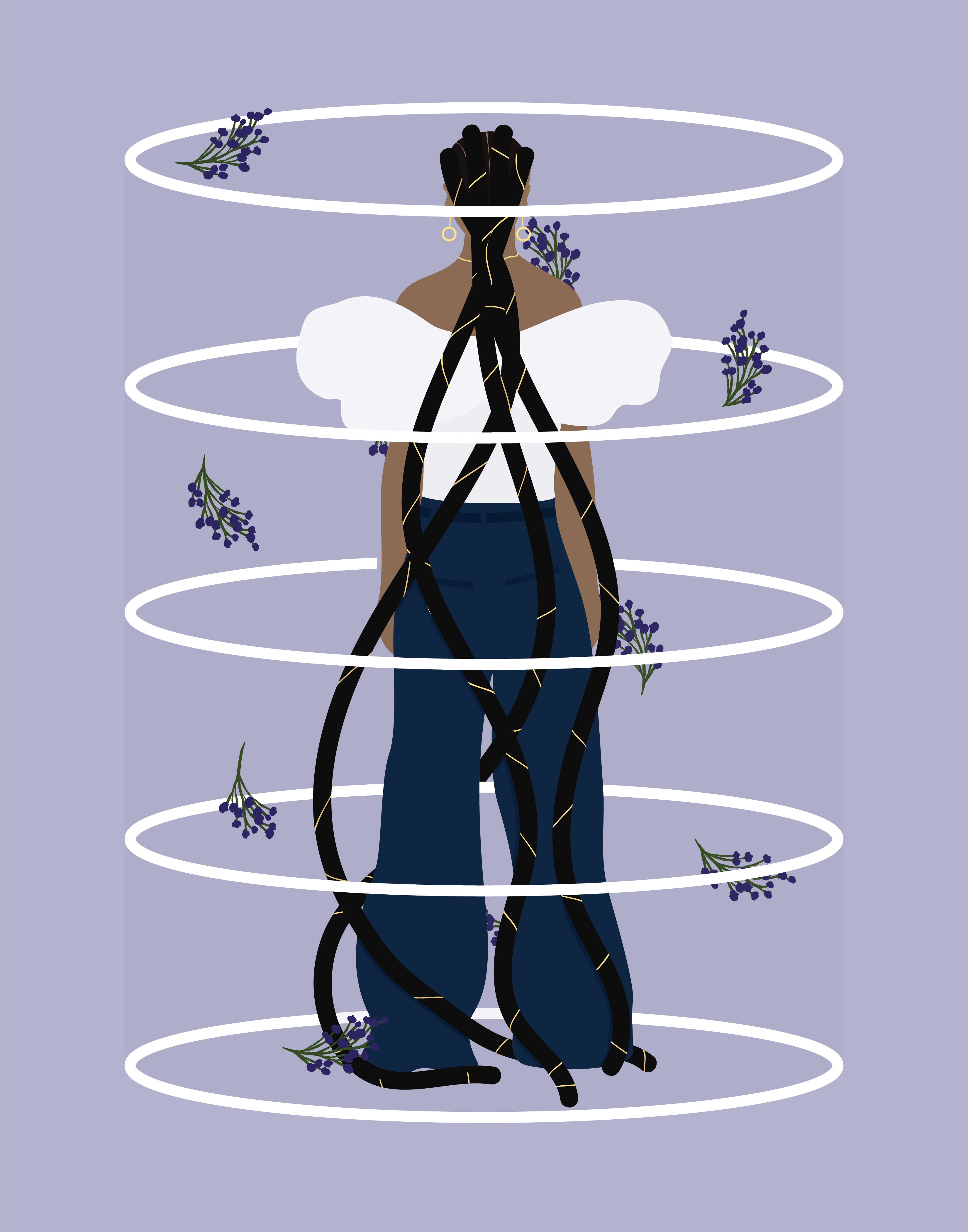 A woman facing away, surrounded by white rings with bluebonnets floating around her.