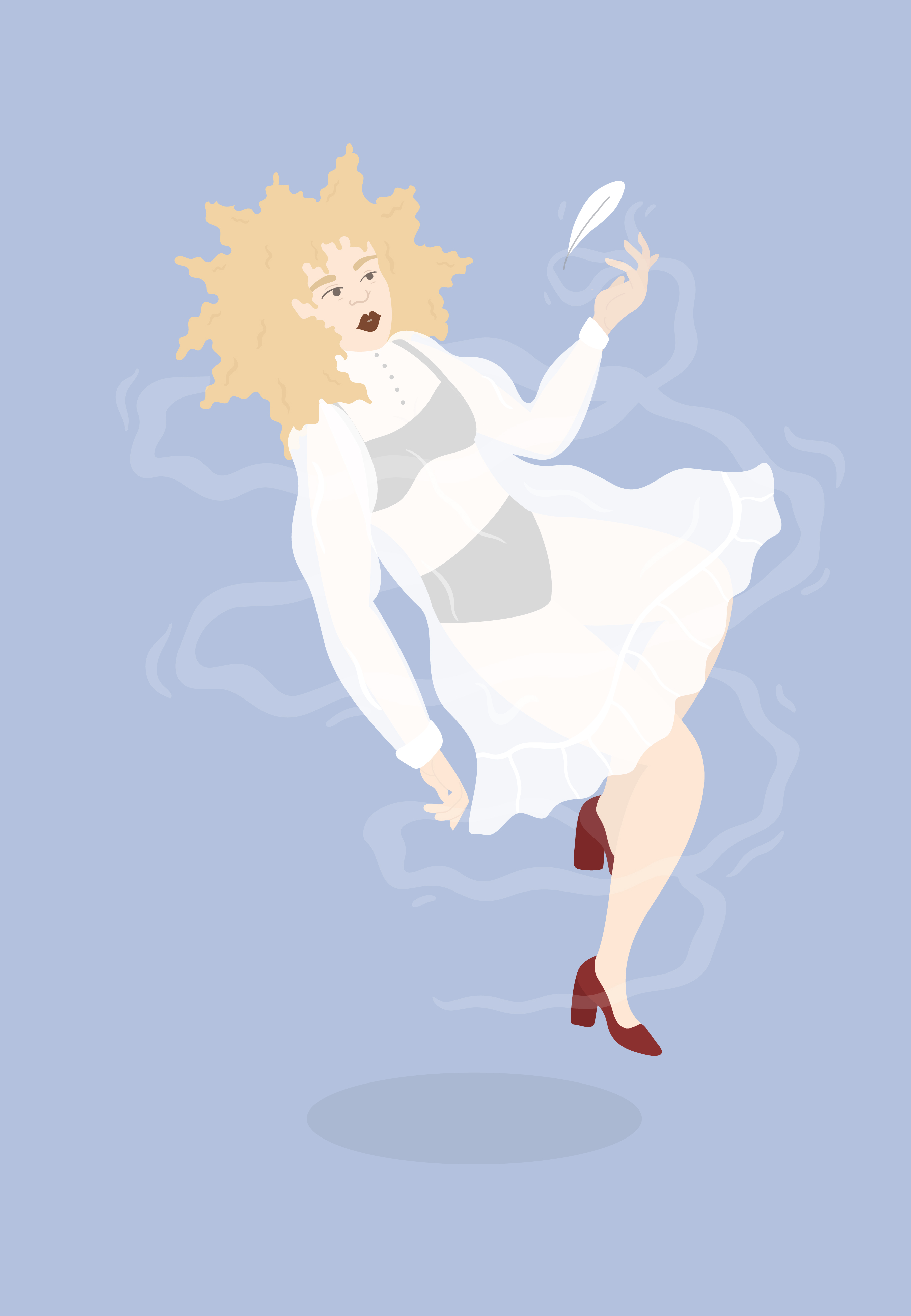 A woman in a white dress floating on a blue background, a feather floating over her hand.