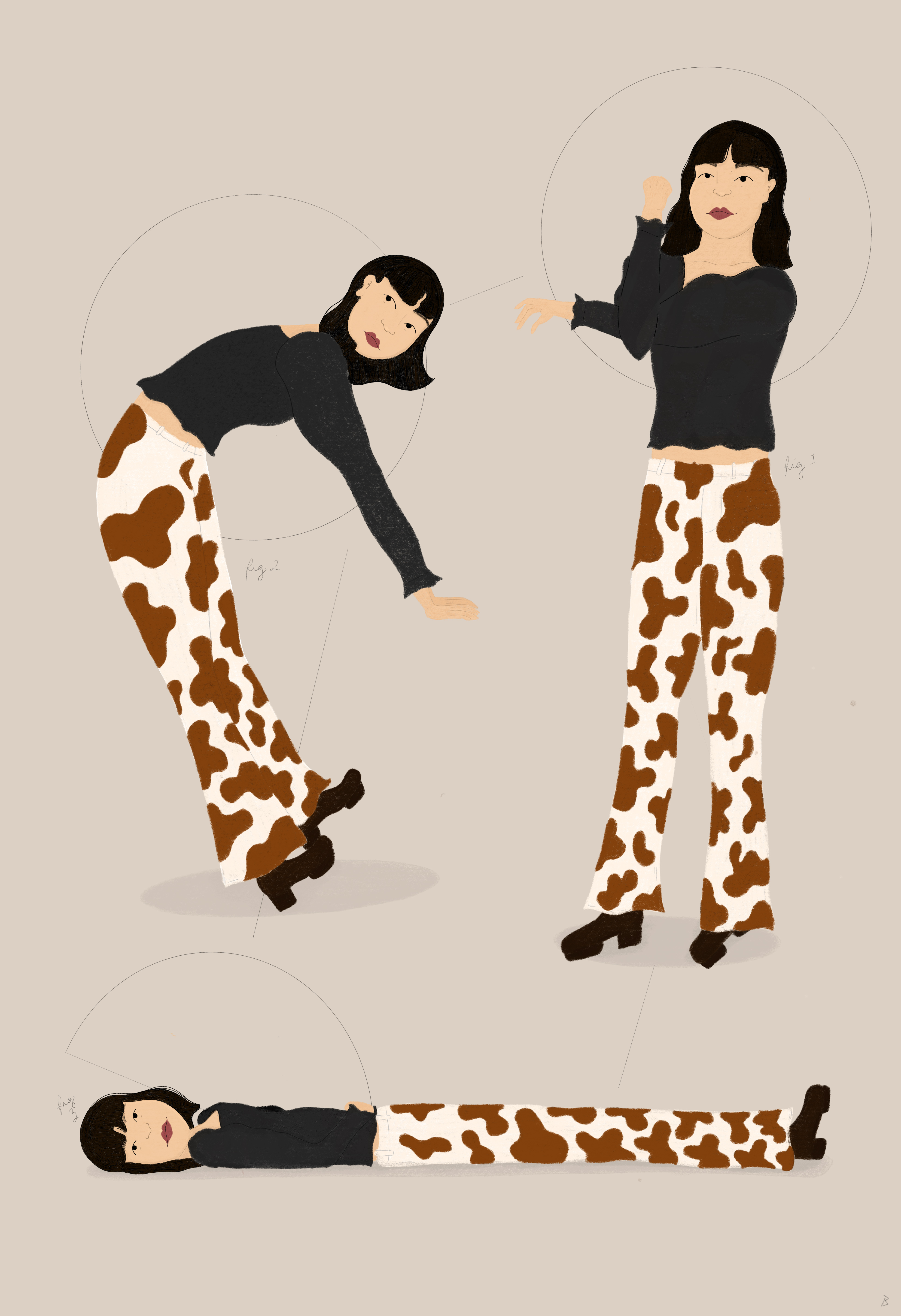 One character in a black shirt and cow print pants in three poses on a beige background.